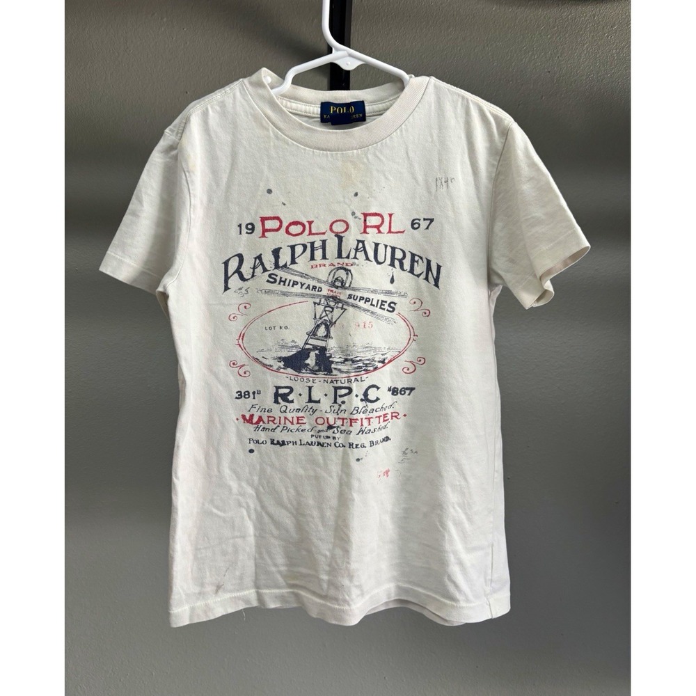Polo Ralph Lauren Boys 7 White Graphic Logo Marine Shipyard Crewneck T-Shirt